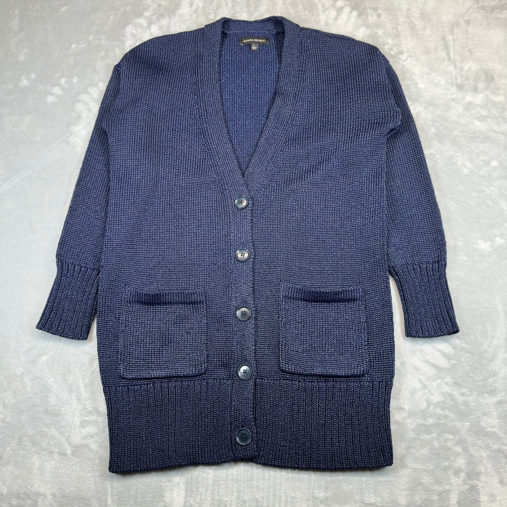 Banana Republic Cardigan Womens L Navy Metallic Cardi Longline Chunky Knit - Picture 1 of 9